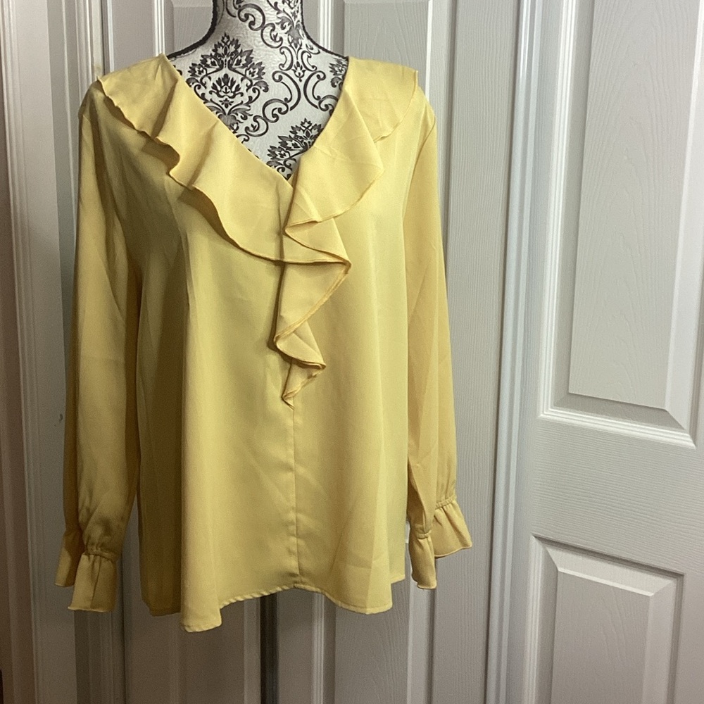 Allegra K Yellow Ruffle V-Neck Blouse New Long Sleeve L